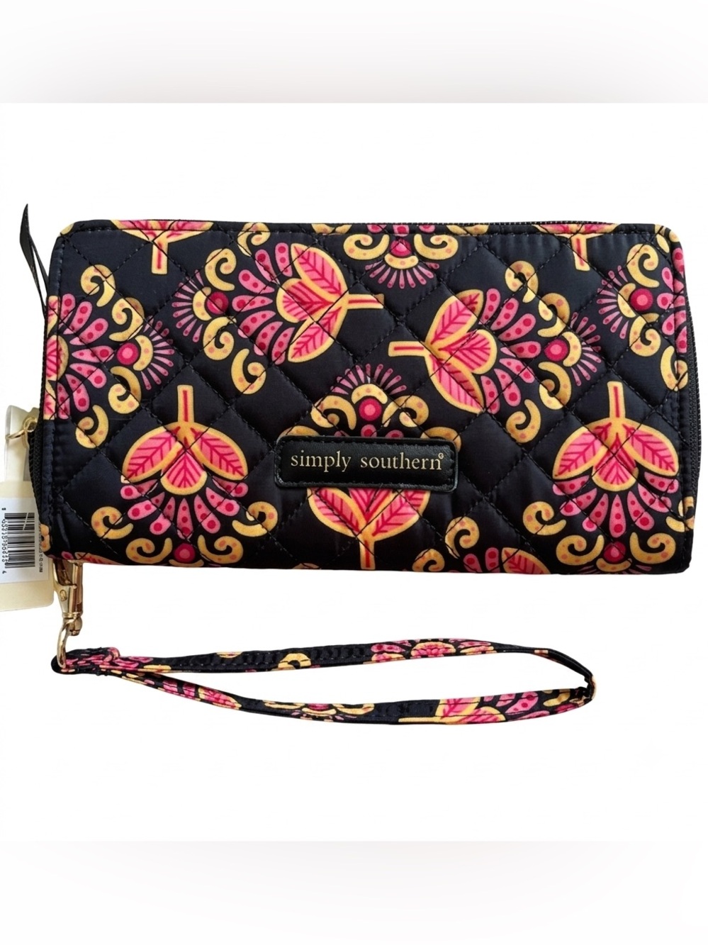 Simply Southern Quilted Phone Wallet Wristlet Pink & Gold Floral Motif - NWT